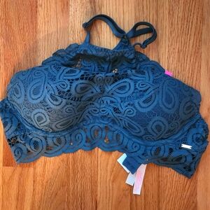 Victoria's Secret PINK Halter Slate Blue Lace Bra Padded Sz S